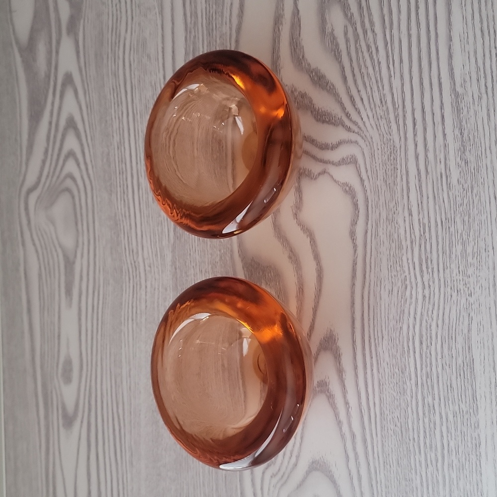CZECH CRYSTAL CLEAR "CC"  VOTIVE CANDLE HOLDER SALMON PINK THICK MODERN GLASS